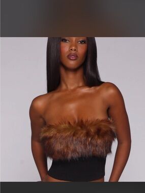 REVICE Brown Faux Fur Strapless Crop Top